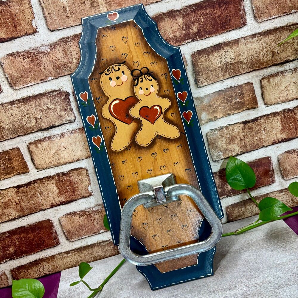 VTG Handmade Wood Gingerbread Hearts Towel Holder Farmhouse Folk Grandma Cottage